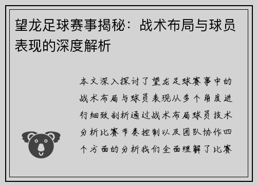 望龙足球赛事揭秘：战术布局与球员表现的深度解析