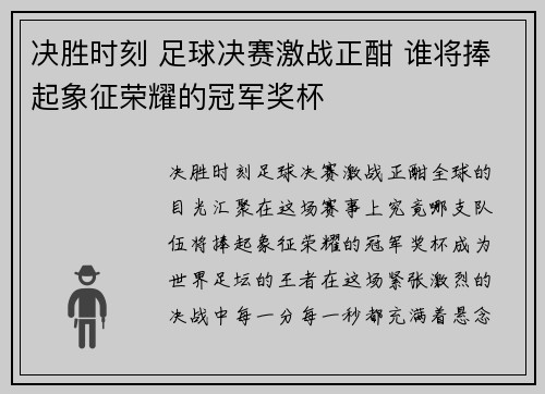 决胜时刻 足球决赛激战正酣 谁将捧起象征荣耀的冠军奖杯