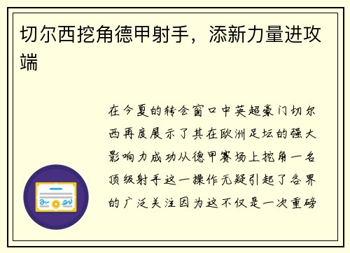 切尔西挖角德甲射手，添新力量进攻端