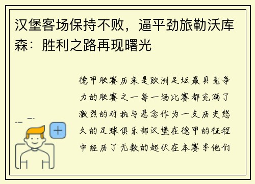 汉堡客场保持不败，逼平劲旅勒沃库森：胜利之路再现曙光