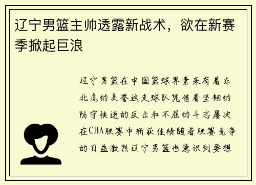 辽宁男篮主帅透露新战术，欲在新赛季掀起巨浪