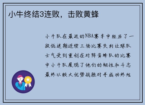 小牛终结3连败，击败黄蜂