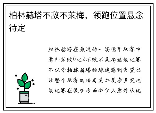 柏林赫塔不敌不莱梅，领跑位置悬念待定