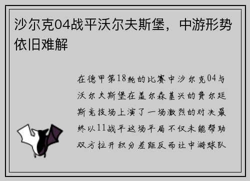 沙尔克04战平沃尔夫斯堡，中游形势依旧难解