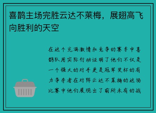 喜鹊主场完胜云达不莱梅，展翅高飞向胜利的天空