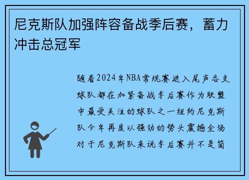 尼克斯队加强阵容备战季后赛，蓄力冲击总冠军