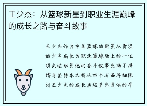 王少杰：从篮球新星到职业生涯巅峰的成长之路与奋斗故事