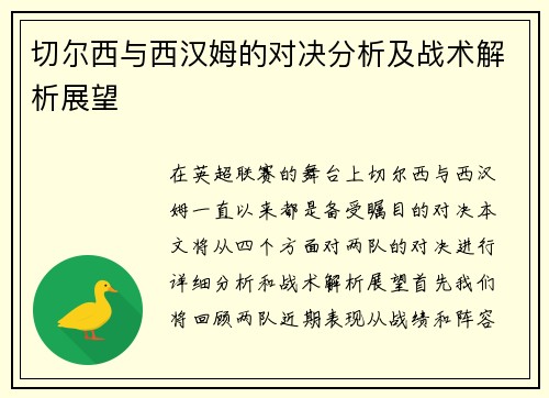 切尔西与西汉姆的对决分析及战术解析展望