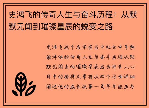 史鸿飞的传奇人生与奋斗历程：从默默无闻到璀璨星辰的蜕变之路