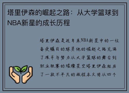 塔里伊森的崛起之路：从大学篮球到NBA新星的成长历程