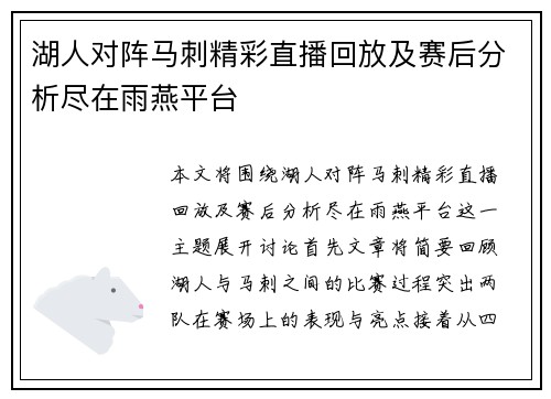 湖人对阵马刺精彩直播回放及赛后分析尽在雨燕平台