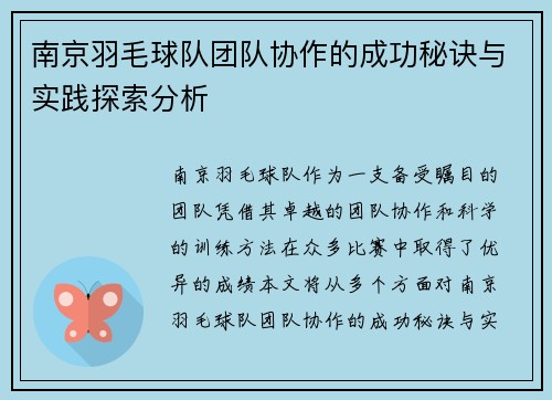 南京羽毛球队团队协作的成功秘诀与实践探索分析